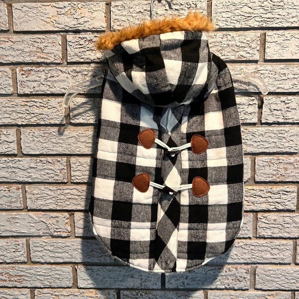 Buffalo Plaid Dog Parka Faux Fur Hood Toggle Vest Black White Medium